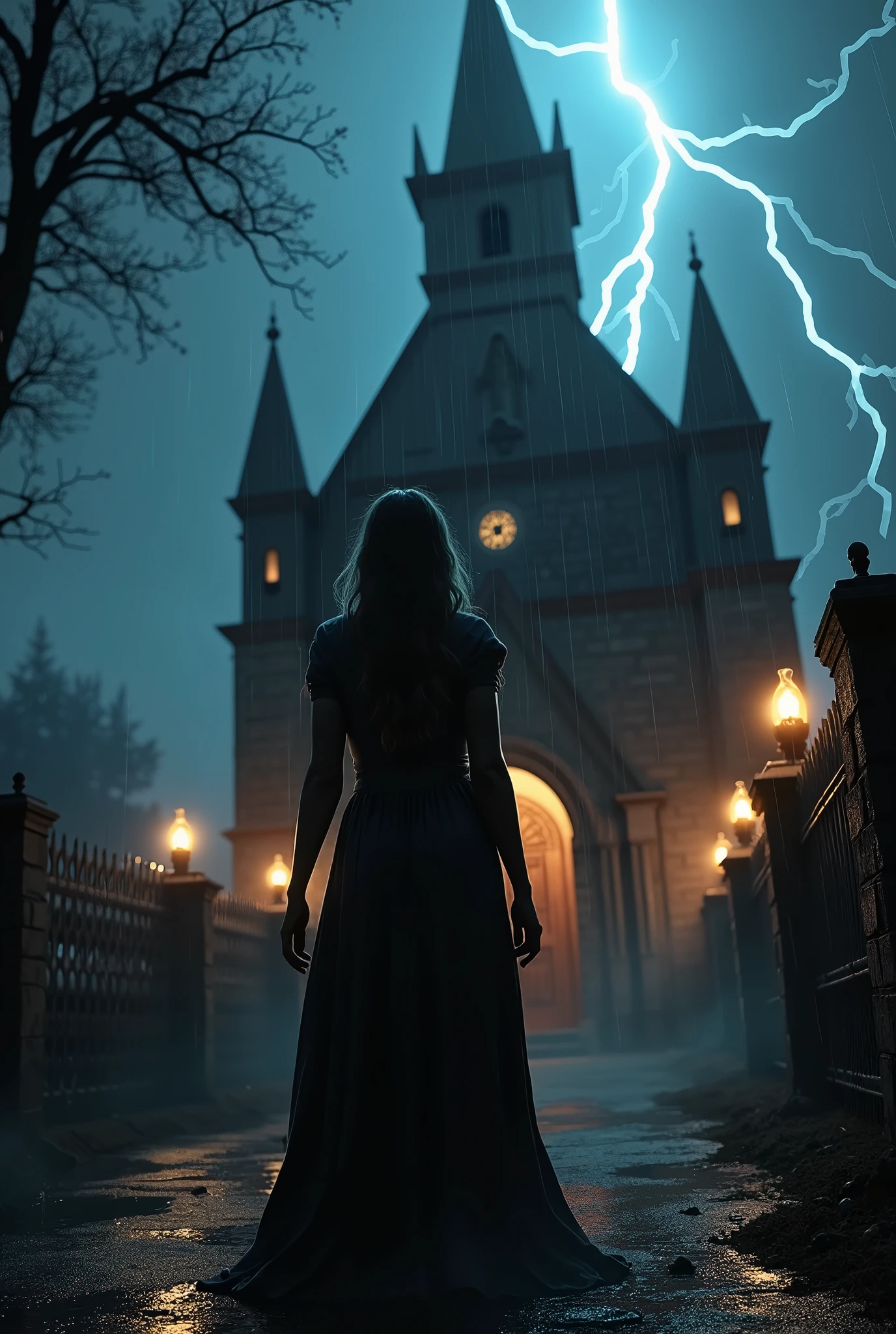 Dark church lit only by candles , rainy night thunderstorms , trovoes, lightning strikes , realistic 3d drawing . macabre church , lightning strikes noiva na porta da igreja , afraid something is wrong, worried face , Terror