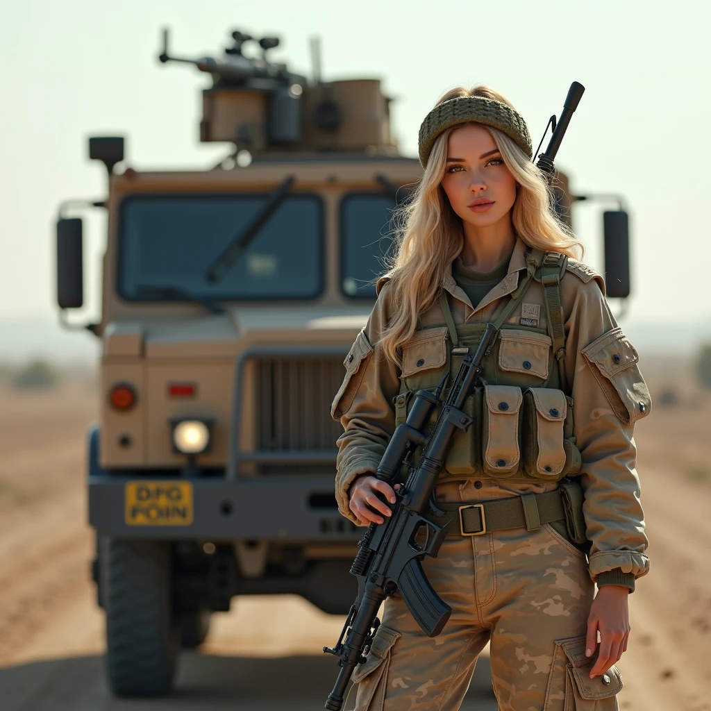 Alafed truck with gun on back, Afghan fighters, French special forces, heavily armed, Taliban, Kurdish soldiers, heavily armored, military vehicle, military weapons, military equipment, truck, camouflage, special forces security, modern military equipment, carrying rifle, gun mounted on shoulder, gun posing in front of truck A female soldier, ((masterpiece, highest quality, Highest image quality, High resolution, photorealistic, Raw photo, 8K)), ((Extremely detailed CG unified 8k wallpaper)), (huge stunning goddess shot, very hot and sexy, jaw-dropping beauty, perfect proportions, beautiful body, slim body beauty:1.4),