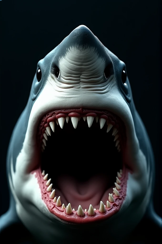Close-up of a white shark showing rows of sharp teeth with piercing eyes staring straight ahead.