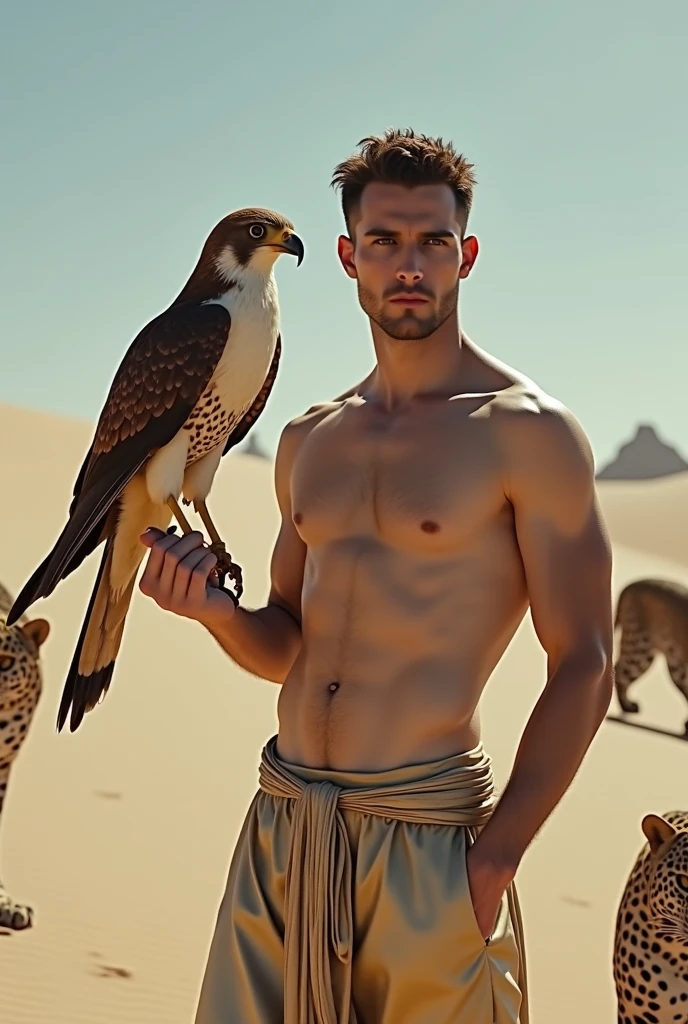 A handsome man with no shirt, golden pants, skinny white skin in the desert with a falcon and two leopards 