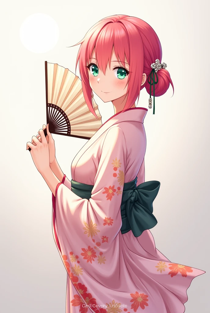 Anime Girl with Pink Hair, greeneyes, japanese kimono, fan, full body up to feet,