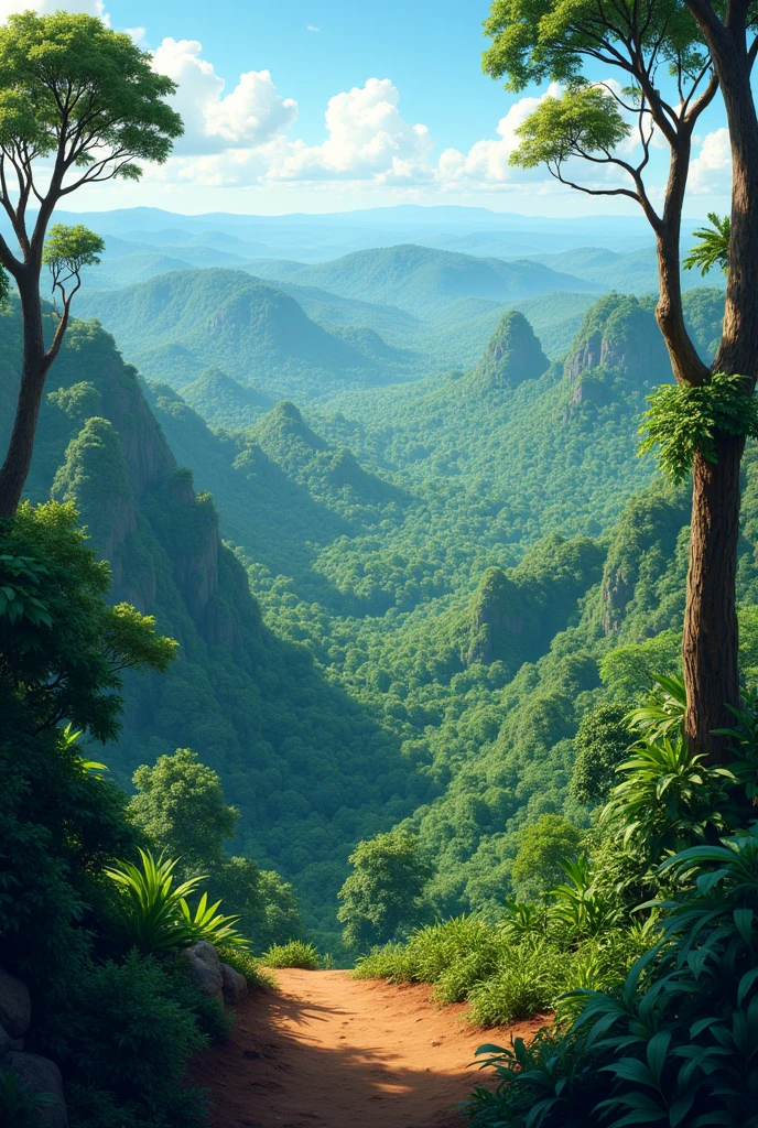 Viewpoint on a hill shows a valley and many Amazonian trees in the distance, beautiful surrounded by virgin jungle, Pixar style drawing