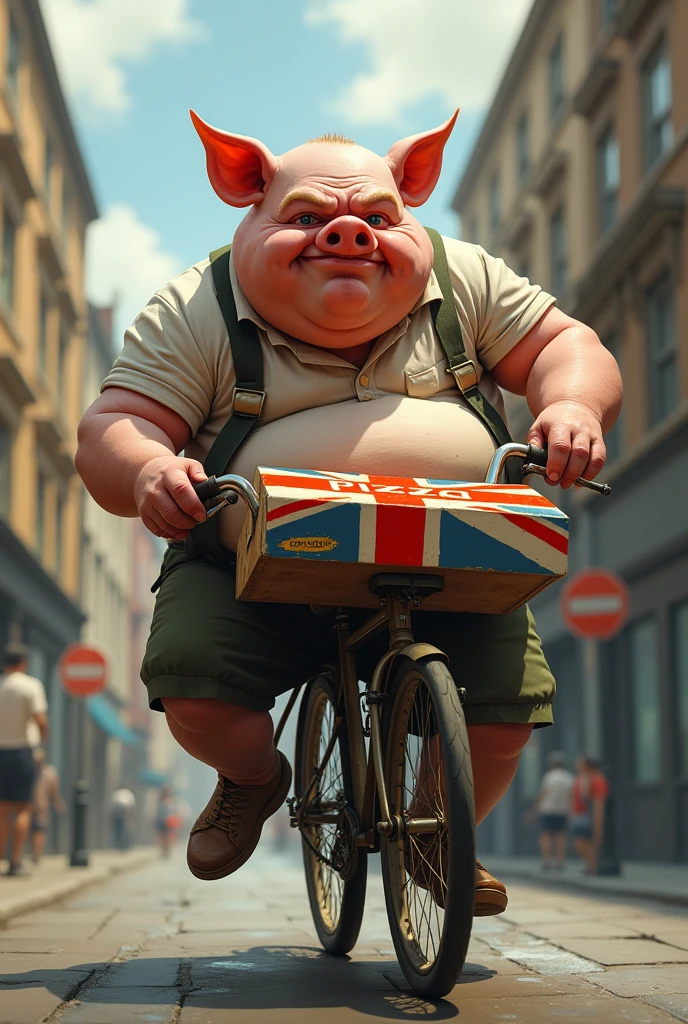 Ugly fat Pig doing pizza delivery with UK flag, on a broken bike, side view, pizza written on pizza box