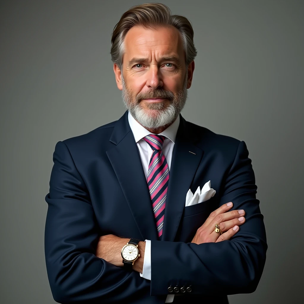 Male Executive, 60 years, very light brown hair, almost blonde, perfectly combed back, Full, thick beard of moderate length, the same color as the hair, green eyes, glare, slight enigmatic smile. navy blue suit, straight buttoned jacket, White shirt, tie with thick Mexican pink stripes and thin white stripes tied with a Windsor knot, white handkerchief in chest pocket of jacket, pants slightly covering the top of the black shoes, Bostonian style. Arms crossed in front of the chest, revealing 5 centimeters of the shirt sleeve, Patek Phillipe watch in gold and black leather strap on left wrist, Gold wedding ring on the ring finger of the left hand, gold bracelet on right wrist
