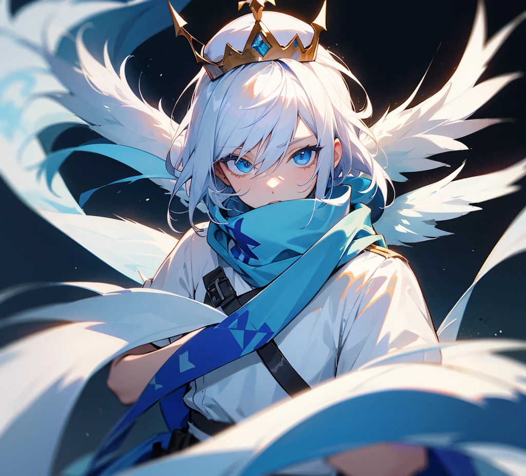 Make an anime character with white hair, blue eyes, a white shirt with a print, a scarf and a crown on top of the letter a and wings on the side of the letter a with the character holding a sign that says subscribe