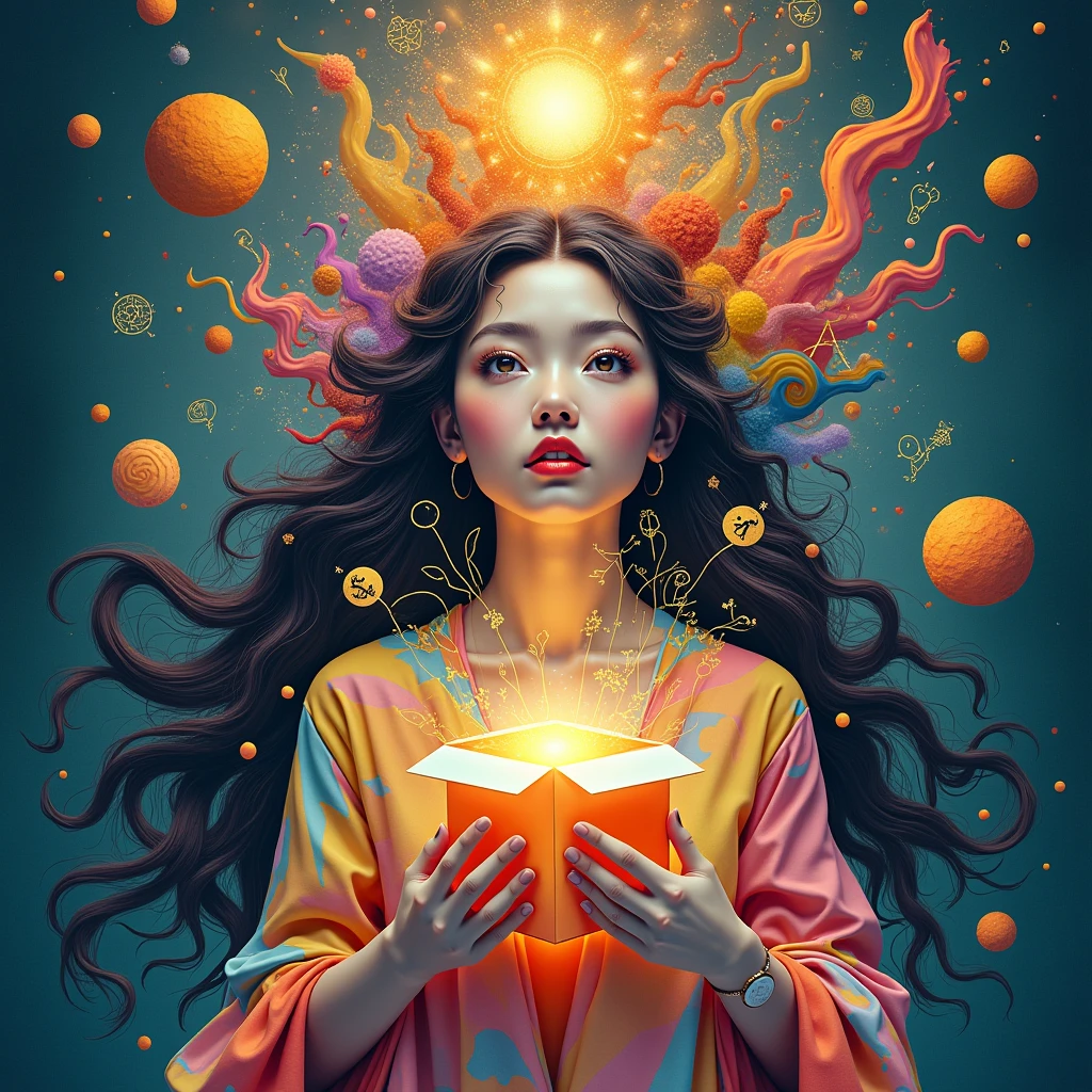 (A visionary goddess representing the concept of thinking outside the box:1.5), (elegant and innovative attire:1.4), (flowing robes made of abstract, shifting patterns:1.3), (her hair is a cascade of colorful, geometric shapes:1.4), (one hand holding a glowing cube:1.4), (the other hand gently pushing a burst of light and creativity out of the box:1.5), (eyes glowing with the spark of genius:1.4), (background filled with floating ideas and symbols of creativity:1.4), (abstract forms and futuristic elements:1.4), (surrounding her is an aura of vibrant colors:1.4), (symbols of innovation and progress woven into her robes:1.4), (a radiant, dynamic aura:1.3), (detailed facial features with a thoughtful expression:1.4), (ethereal light illuminating her form:1.3), (highly detailed and imaginative composition:1.4), (surreal and inspiring atmosphere:1.3), (vivid and harmonious color palette:1.4)(facial art:1.3)