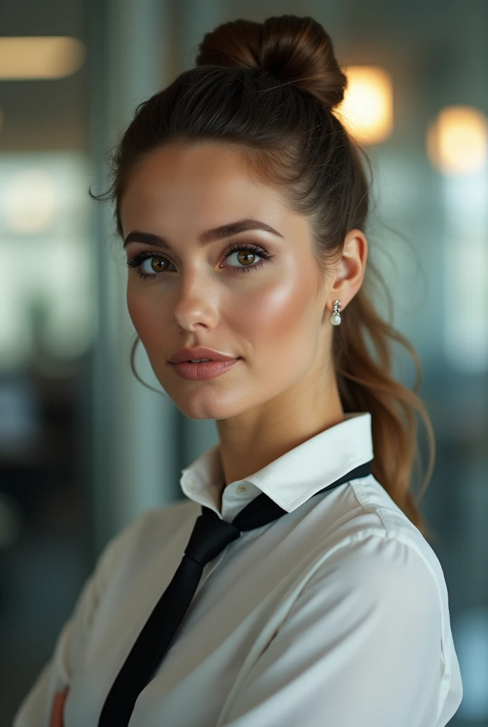 tessafowler, (epic), , perfect hair, beautiful perfect skin, ((hair up, hair in bun, busy office)), (modern photo, necktie, shirt), 24mm, (analog, cinematic, film grain:1.3), , detailed eyes, (upper body), (looking at viewer), earrings, (eyeliner, eyelashes)