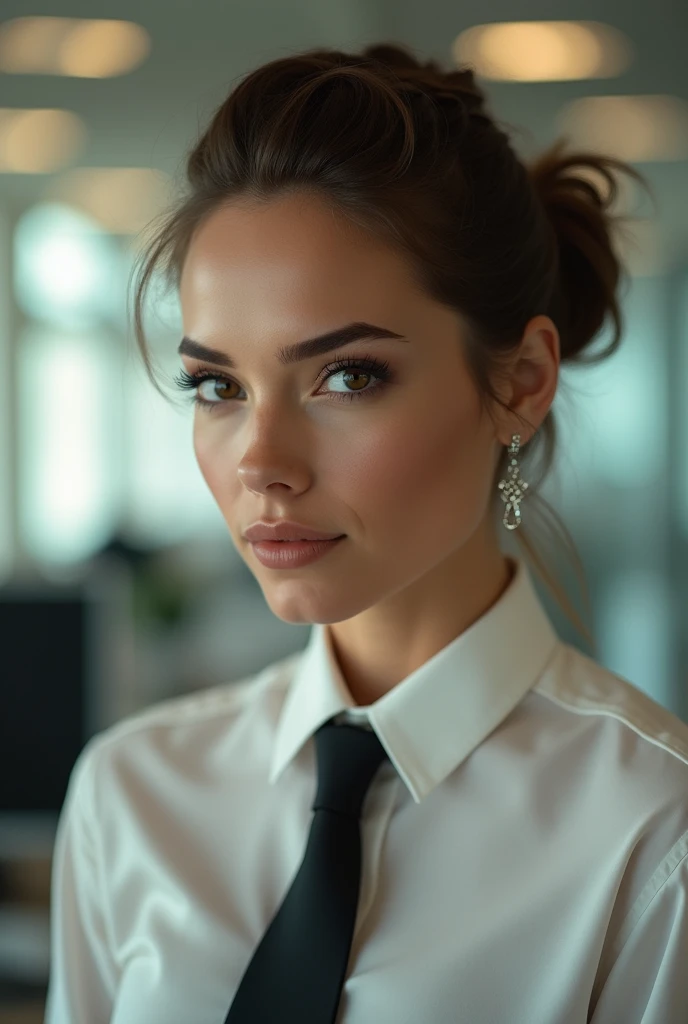 tessafowler, (epic), , perfect hair, beautiful perfect skin, ((hair up, hair in bun, busy office)), (modern photo, necktie, shirt), 24mm, (analog, cinematic, film grain:1.3), , detailed eyes, (upper body), (looking at viewer), earrings, (eyeliner, eyelashes)