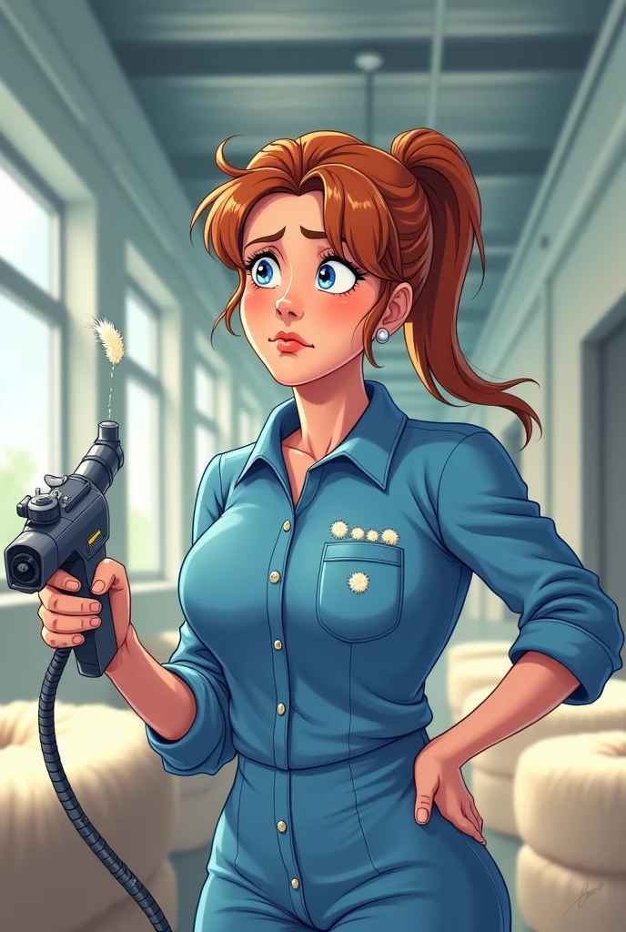 women, textile company worker, The textile company is made of alpaca fibers.. La women tiene en su uniforme pelusas de alpaca, His uniform is blue. has a hat. la women se echa aire al cuerpo con una pistola de aire para sopletear para quitarse las pelusas. la women debe tener cara de que sabe que lo que esta haciendo esta mal. . the image must be like a cartoon