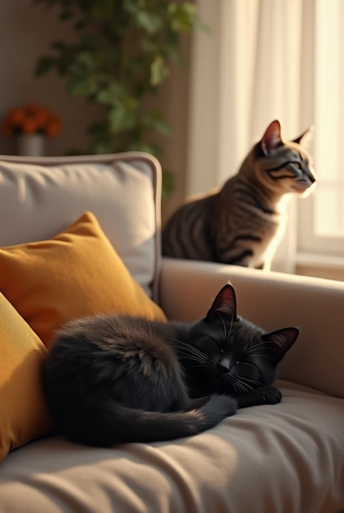 Black kitten、afternoon nap、on the sofa in the living room、Mother cat in the distance