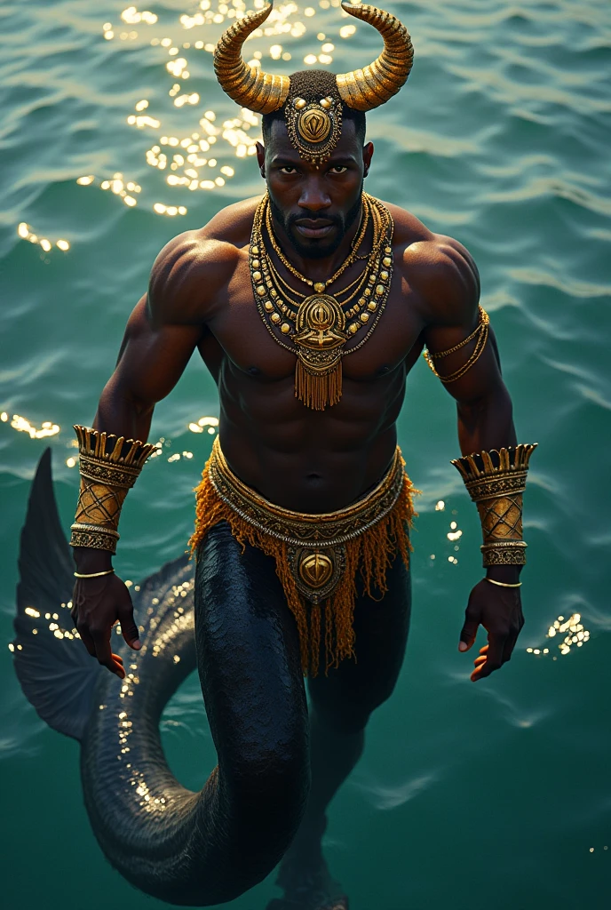 black African man. Merman. Decked in gold. Golden horn. Black tail. Ultra high resolution.
