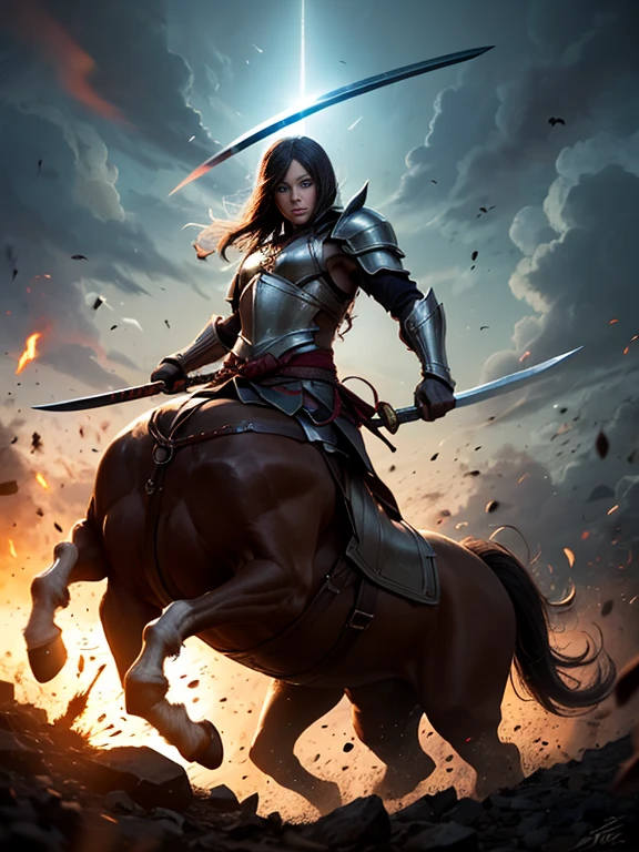 Centaur-type Japanese warrior、Black Armor、Bouncing Pose、Japanese sword shines、battlefield、sparks、inflammation、Backlight、Dark Night、