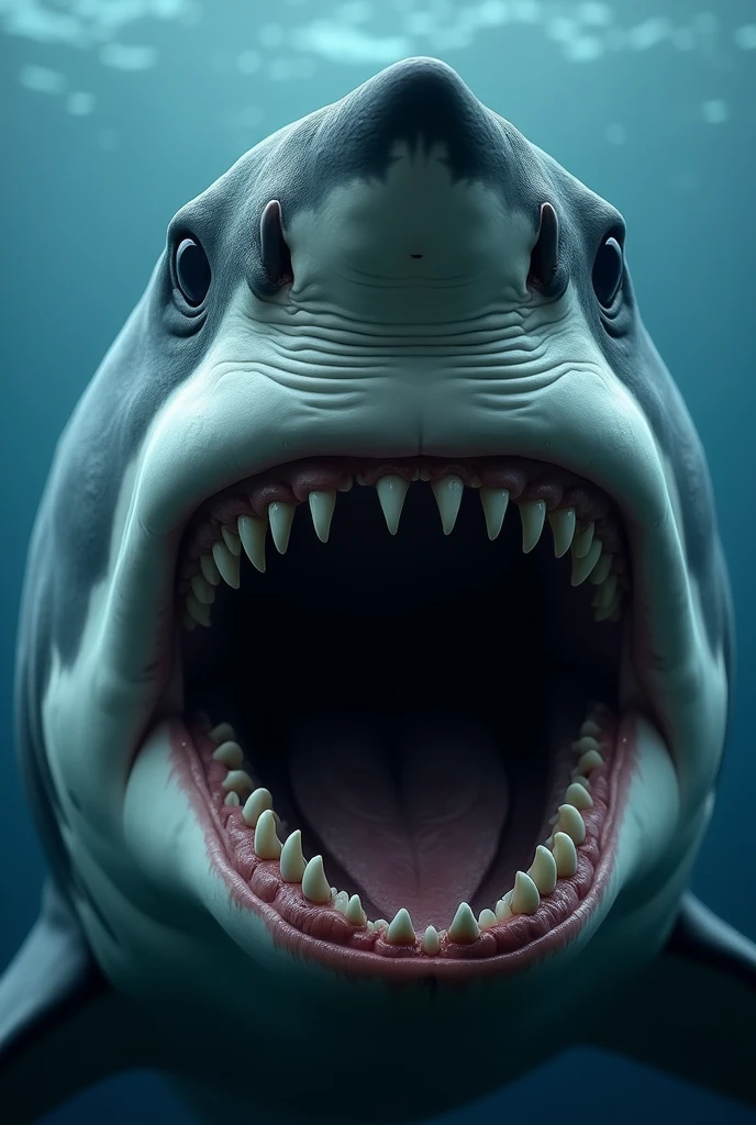 Close-up of a white shark showing rows of sharp teeth with piercing eyes staring straight ahead. Sea background
