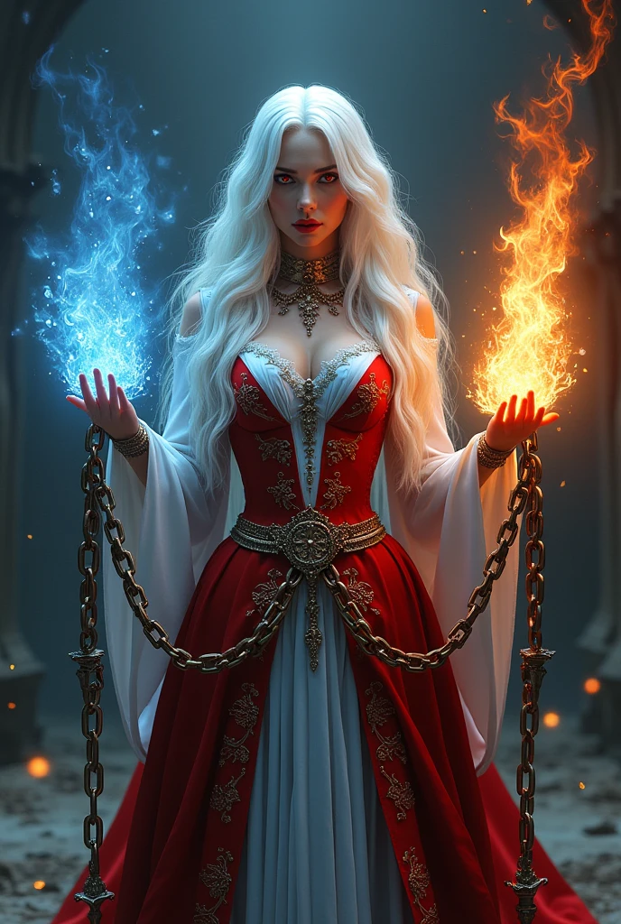 photo of a vampire queen, left hand grasp a chain with ice effect, right hand grasp a chain with fire effect, she wearing a victoria period with red and light blue color, long white hair, red eyes, the chain made from steel and it floating in the air, big chain, focus on chain