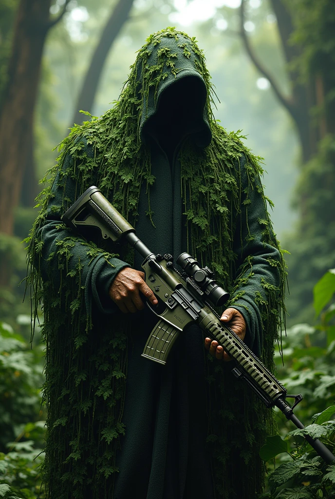 create a character from Maranhão folklore called Bicho Terra. imagine a being with a wild and imposing appearance, with no face. He wears a green camouflage that covers his entire body., blending perfectly with the vegetation around it. Camouflage is made of leaves, branches and vines, providing an almost supernatural appearance. In the hands, he holds a camouflaged AWM sniper, that integrates with your look, with details reminiscent of the dense forest of Maranhão. The backdrop should be a lush tropical forest., with tall trees and dense vegetation, highlighting the stealthy and mysterious character of the Bicho Terra..