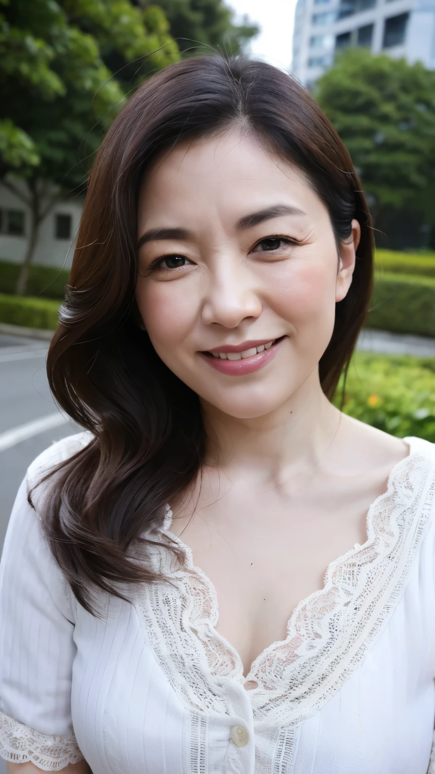 最high quality, In 8K, Masseter region, Real, Sharp focus, high quality, High resolution, Detailed face, Detailed eyes, Thick lips, Background Blur, alone, Middle-aged women, , 5, , Wavy Hair, Cleavage, Wearing a plain short-sleeved knit, Afternoon in front of the park garden, Wrinkles around the eyes, Smiling with teeth showing