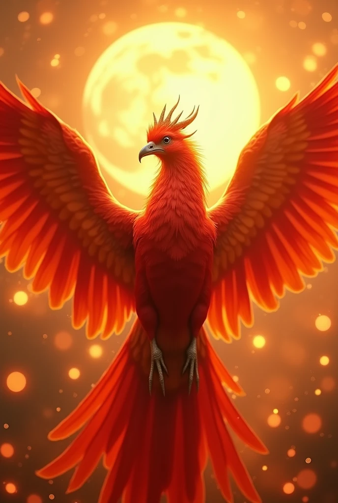 god々A captivating close-up portrait of a beautiful phoenix in bright light, Golden Light, The vibrant bokeh balls gently frame the delicate shape.. , The phoenix is a beautiful, fiery red.., Extremely realistic photos, 美しくgod秘的に発光する翼, A long tail like a peacock, Ultra detailed sun, With the sun at my back, Flying in the sky, Facing forward, universe space,