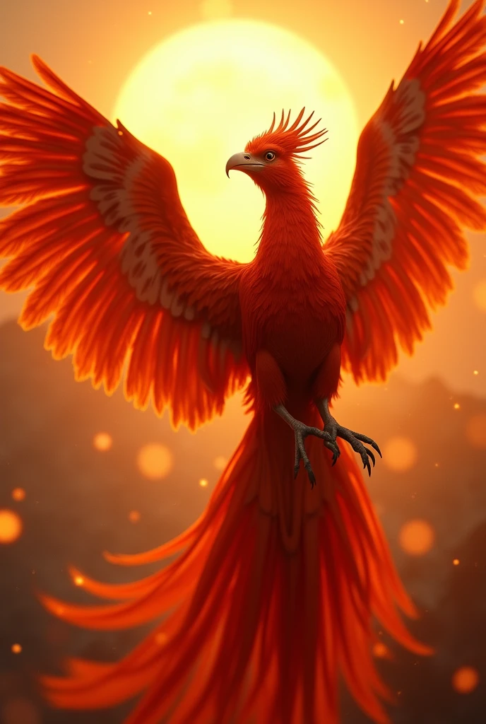 god々A captivating close-up portrait of a beautiful phoenix in bright light, Golden Light, The vibrant bokeh balls gently frame the delicate shape.. , The phoenix is a beautiful, fiery red.., Extremely realistic photos, 美しくgod秘的に発光する翼, A long tail like a peacock, Ultra detailed sun, With the sun at my back, Flying in the sky, Facing forward, universe space,