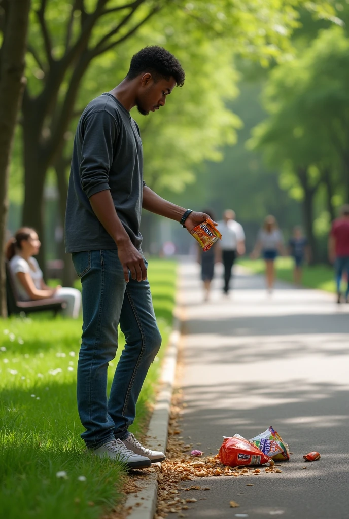 person in a park throwing his packet of chips on the ground