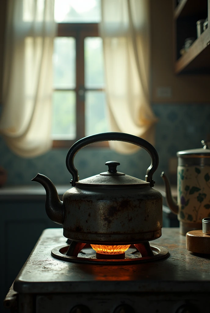 cinematic, photorealistic film poster of old pressure cooker ket on burning gas stove, kitchen set up, window with white curtain fluttering nearby, Darjeeling middle class, detailing, early morning, wide shot of the kitchen, with kitchen sorroundings