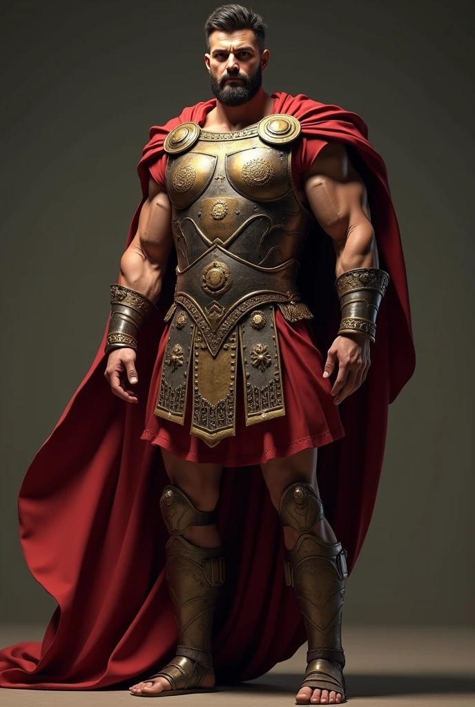 ((masterpiece, highest quality, Highest image quality, High resolution, Raw photo, 8K)), ((Extremely detailed CG unified 8k wallpaper)), (huge stunning warrior shot, full body, musclural body beauty:1.4), Posing for the camera, In a warrior fighting stance, a stern look, in a ready stance, Build: Scipio Africanus is depicted as a tall and imposing figure, with a strong, athletic build that reflects his prowess as a military commander.
Facial Features: His face is distinguished by high cheekbones and a sharp, aquiline nose. His expression is often calm yet commanding, with an air of confidence that suggests his strategic brilliance.
Eyes: His eyes are a deep, piercing brown, full of intensity and intelligence, giving the impression of someone who is constantly evaluating and planning his next move.
Hair: He has short, well-groomed hair, typical of Roman men of high status. His hair is dark, with a slight wave, kept neat and orderly, reflecting his disciplined nature.
Complexion: Scipio’s skin is lightly tanned from years spent in military campaigns across the Mediterranean, showing the effects of the sun and the harsh conditions of war.
Clothing: He is often portrayed wearing a Roman general's armor, which includes a bronze cuirass decorated with intricate designs symbolizing his victories. Over his armor, he wears a red military cloak (paludamentum), fastened at his shoulder with a fibula (brooch), signifying his rank and command. His sandals (caligae) are sturdy and well-worn, indicating his experience in long campaigns.
Signature Pose:
Description: Scipio Africanus is depicted standing with a confident and commanding posture. He is slightly turned to the side, gazing forward as if surveying the battlefield or envisioning his next move. His left hand rests firmly on the hilt of his sheathed sword at his side, symbolizing his readiness for action. His right hand is extended forward, palm open and fingers slightly spread, in a gesture that signifies both leadership