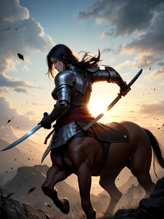 Centaur-type Japanese warrior、Black Armor、Bouncing Pose、Japanese sword shines、battlefield、sparks、inflammation、Backlight、Dark Night、