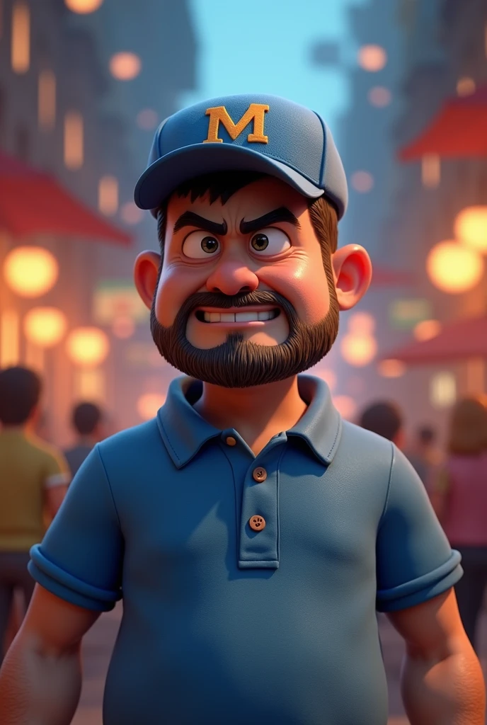 Pixar-inspired 3D poster capturing a background scene with a 3 man with a short, dark beard , square face white man with black hair to the side short lumberjack style dressed in blue polo shirt or suit with a blue cap with the letter m on the cap light skin color angry in a debate 
