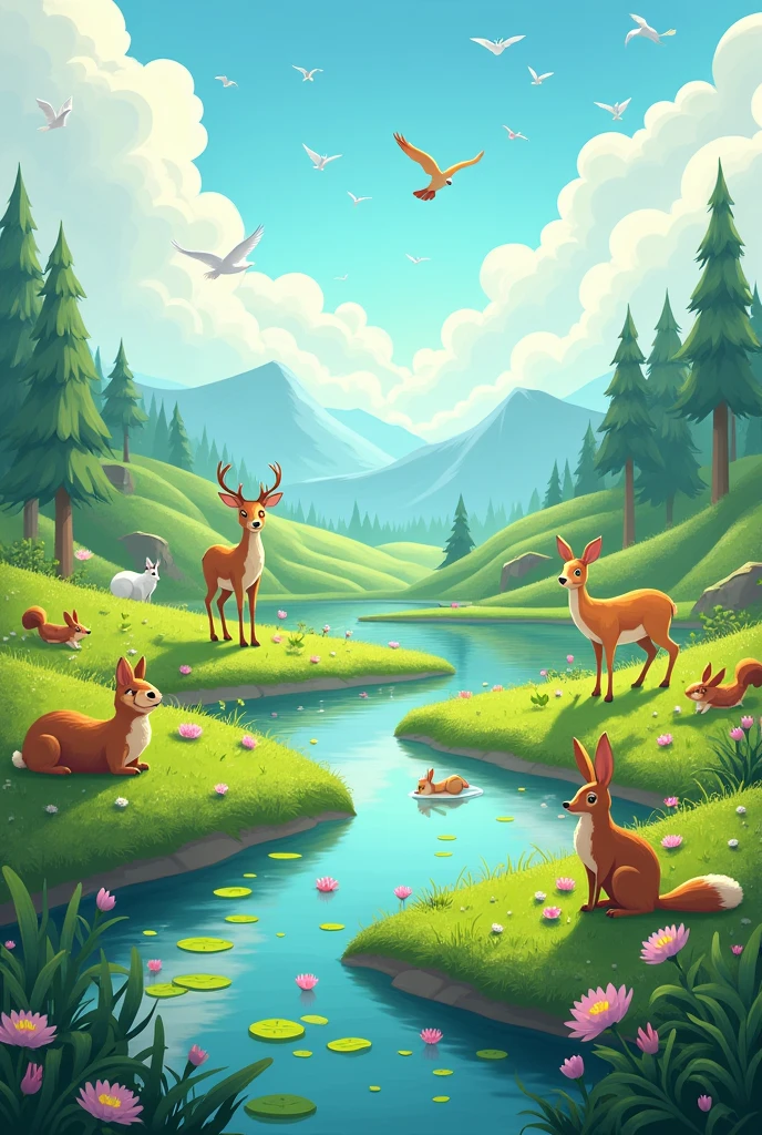 Create a place with animals and birds in the sky on land a 2D drawing and make a lake with fish make the image in 2D