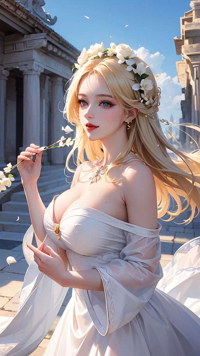 (Highest quality,Very detailed,High resolution,masterpiece,8k),Bright and vibrant colors,Official artwork,Greek white dress,Stylish makeup,Mid length, Shiny blonde hair blowing in the wind,Beautiful long, narrow eyes,Beautiful Blue Eyes,Glossy Lips,Beautiful woman with plump breasts,Beautiful neckline, Beautiful full body style,Holding,A beautiful and elegant smile,Old temple,Rose flower,Detailed CG,