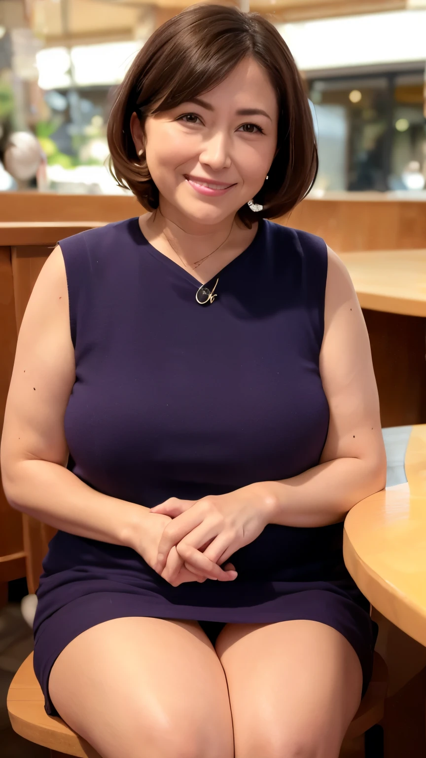 8k wallpaper, masterpiece, Highest quality, Very detailed, One Mature Woman, 50 years old, Become very clear, Wearing a short-sleeved knit, Skin dents, Captivating smile, Looking at the audience, No lapel microphone, Plump, Curvaceous, Attractive face, Smiling with teeth showing, I was happy, sitting in a cafe, Background Blur