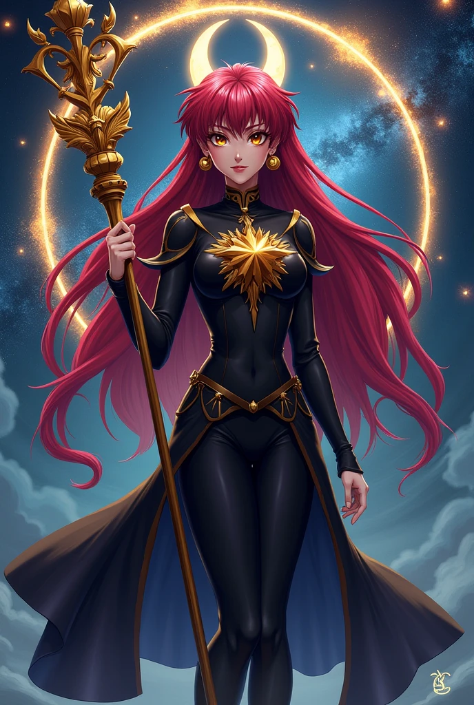 Sailor Pluto with honey colored eyes and beet colored hair, black uniform and scepter with a crescent moon and star above