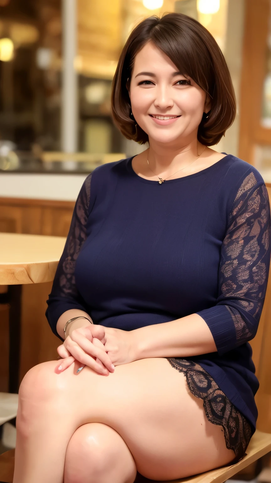 8k wallpaper, masterpiece, Highest quality, Very detailed, One Mature Woman, 50 years old, Become very clear, Wearing a short-sleeved knit, Skin dents, Captivating smile, Looking at the audience, No lapel microphone, Plump, Curvaceous, Attractive face, Smiling with teeth showing, I was happy, sitting in a cafe, Background Blur