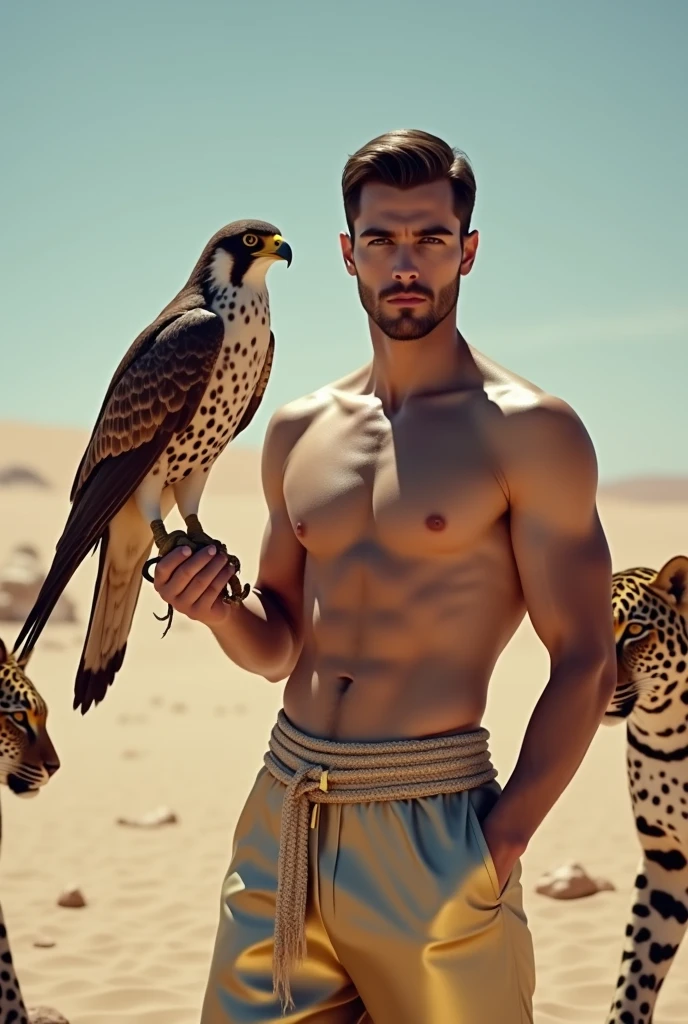 A handsome man with no shirt, golden pants, skinny white skin in the desert with a falcon and two leopards 