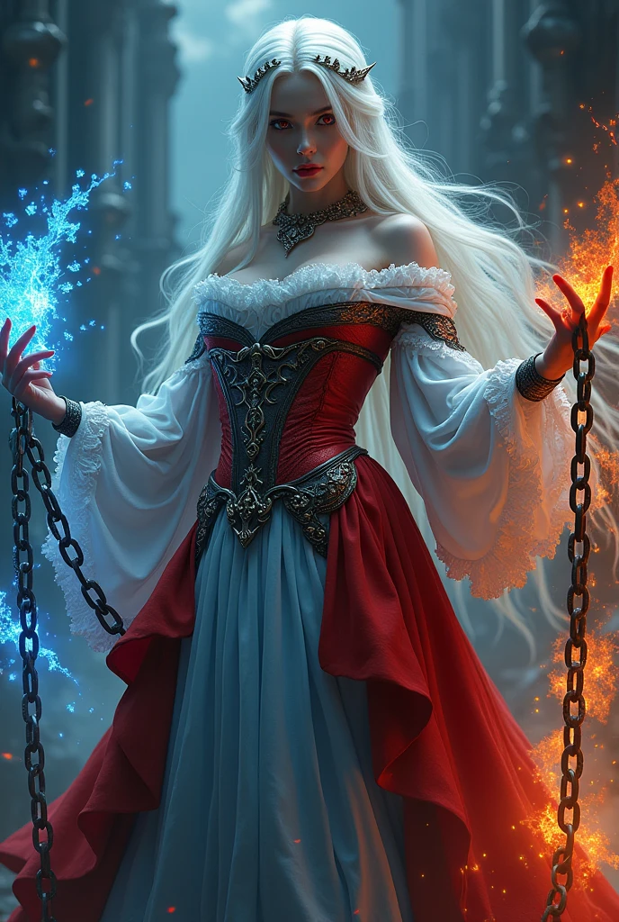 photo of a vampire queen, left hand grasp a chain with ice effect, right hand grasp a chain with fire effect, she wearing a victoria period with red and light blue color, long white hair, red eyes, the chain made from steel and it floating in the air, big chain, focus on chain