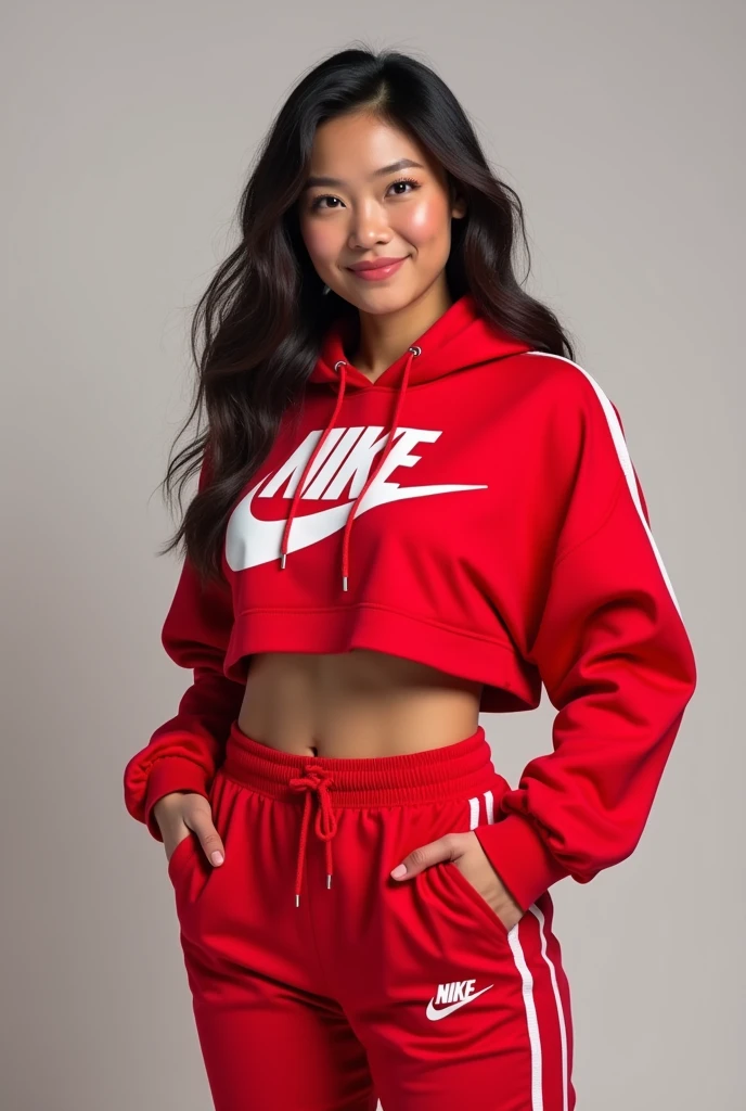 White and red round neck Nike hoodie sweatshirt, wearing NIKE track pants, 38-D cup big firm breasts, zippered till neck jacket, Nike brand, athletic body sexy , very attractive face, cute smile, full length photo, smiling cute, Asian face, 34 years of age, looking at the camera straight, hands in pocket.