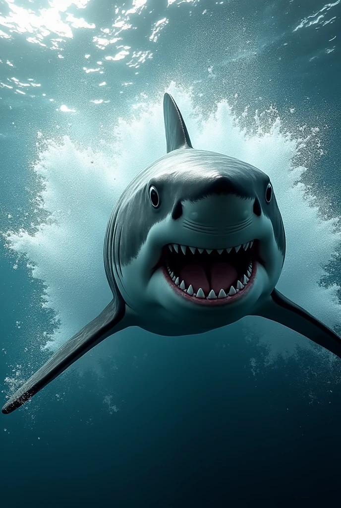 Visual of a white shark swimming fast underwater, with water splashing around his body.