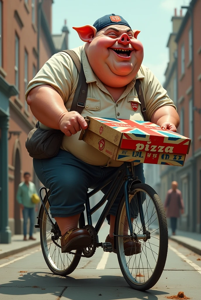 Ugly fat Pig doing pizza delivery with UK flag, on a broken bike, side view, pizza written on pizza box