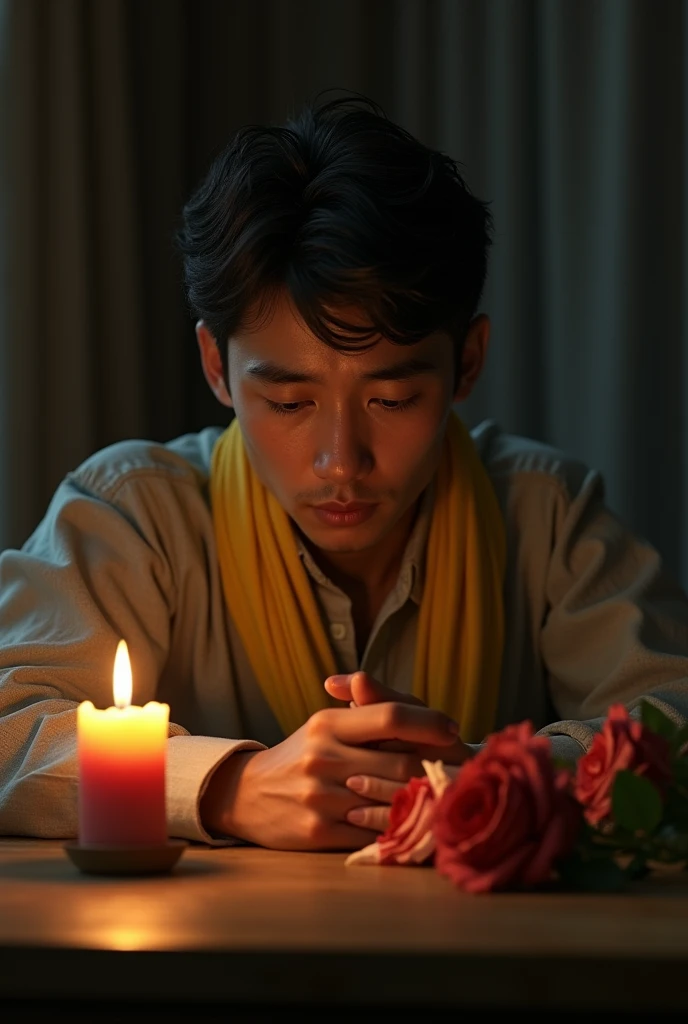 a sorrowful young man, sitting at a table, candle, roses, holding a woman's yellow scarf in hands, crying, realistic, detailed, masterpiece, photorealistic, 8k, high quality, cinematic lighting, dramatic atmosphere, melancholy expression, moody colors, depth of field