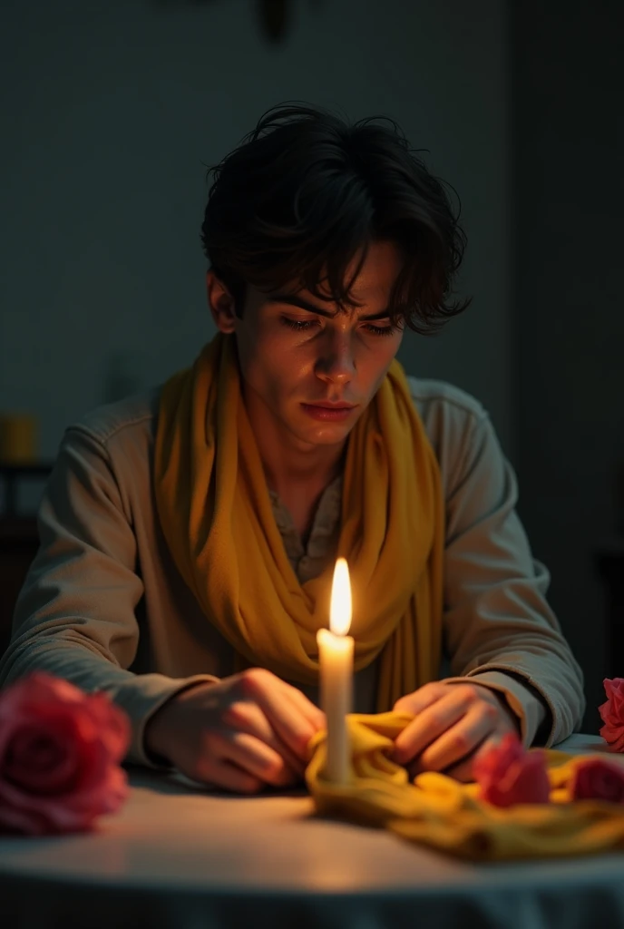 a sorrowful young man, sitting at a table, candle, roses, holding a woman's yellow scarf in hands, crying, realistic, detailed, masterpiece, photorealistic, 8k, high quality, cinematic lighting, dramatic atmosphere, melancholy expression, moody colors, depth of field