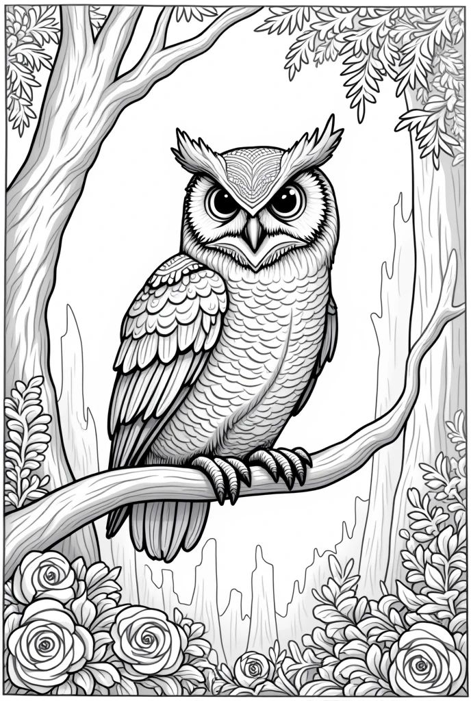 Create a coloring picture of a fairytale enchanted forest with an owl, for coloring with large white areas and strong black lines