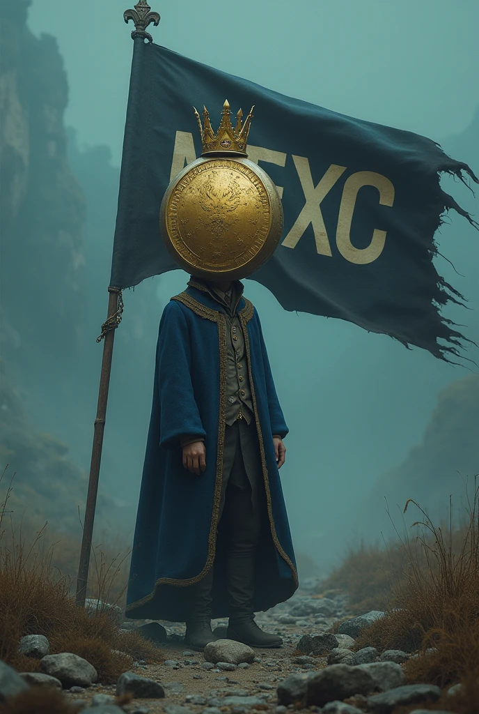 The king, whose head is very big and looks like a coin and has a crown, enters a land whose flag is written Mexc and the color of that land's flag is dark blue.