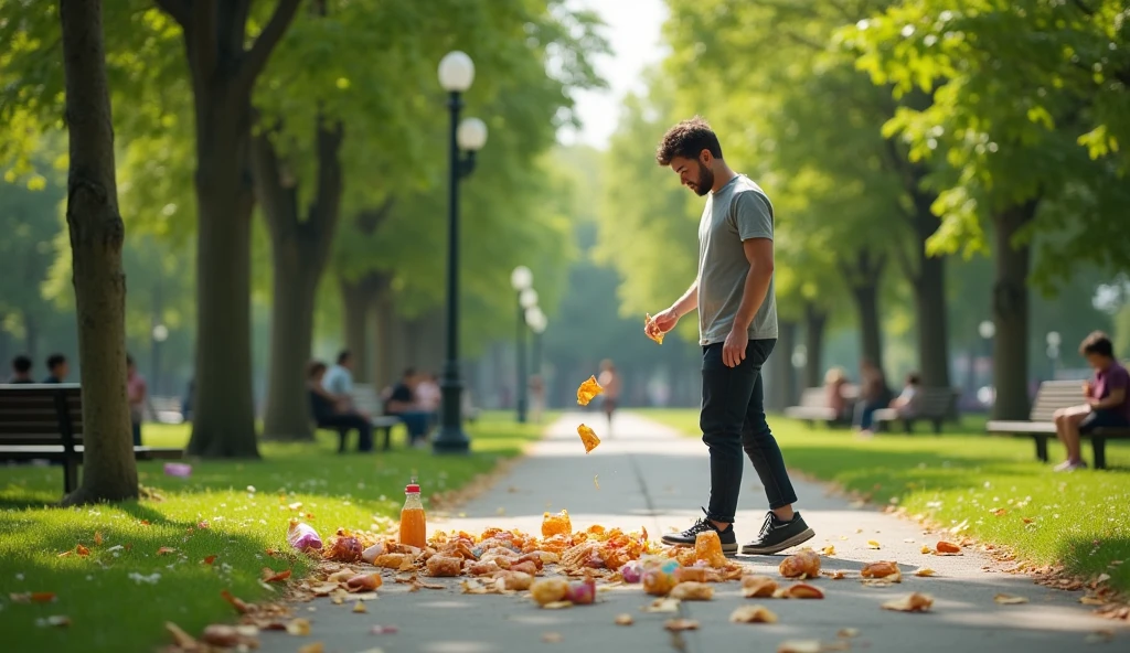 person in a park throwing his packet of chips on the ground