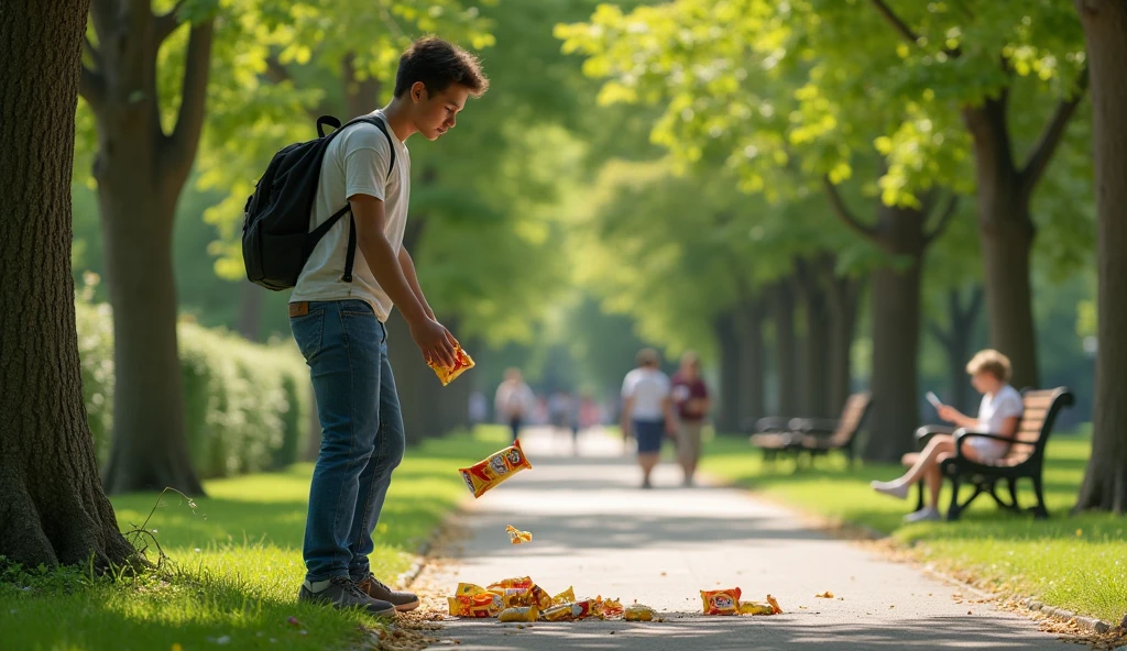person in a park throwing his packet of chips on the ground