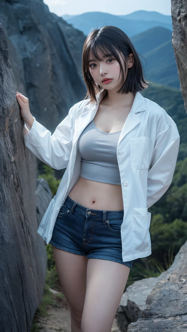  ２８age、Very beautiful woman、sexy、Clothes are not taken off、(Rock climbing up the side of a towering peak, Her muscular legs pushing her up, A breathtaking view from the summit below her.:1.4) , Large Breasts:1.4、H cup breasts:14、Cleavage spilling out of the blouse:1.4、 (female docter, dressed in a professional white long lab coat, Inner is wearing a blouse):1.5. Thin Waist (Beautiful Skin), (Beautiful Eyes), Cellulite, (Detailed skin, Skin wounds:1.2) 24mm, Soft cinematic light, RAW Photos, Complex, elegant, Very detailed, Sharp focus, ((((Cinematic look)))), soo薄いg tones, Insane Details, Ultra-detailed, Low contrast, Exposure Blending, High resolution, Faded, Canon Ae-1で撮Shadow, 昔ながらの35mmフィルムで撮Shadow, (Analogue photography), Shadow, 1 1 1.4, ISO 800 Grain, 超High resolution, Highest quality, masterpiece, ((Color images)), Intimate, drop Shadow, Clear Background, (Highest quality:1.2), (Very detailed:1.1)