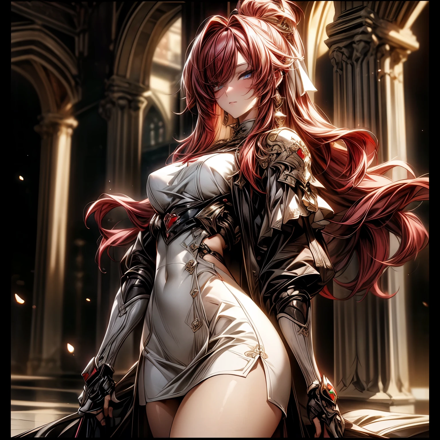 (best quality)), ((Masterpiece)), (details:1.4), 3d, HDR (high dynamic range), an image of a beautiful cyberpunk female, Medieval, Cyberpunk, Red hair, Long hair, Hips up, Beautiful white eyes, จมูกโด่ง, ปากแดง, หน้าอกใหญ่, nvidia RTX, PBR surface, After processing, Anisotropic filtration,depth of field, Maximum clarity and clarity, multi-layered surface, Subsurface scattering, perfect proportions, 8K raw files, ultra detailed, Perfect proportions, volumetric lighting, soft lighting, Holy Paldin, Heavy Golden Armor, glossy skin, Castle background, jewely, ต่างหู, นิ้วมือสมบูรณ์, mini white skirt,