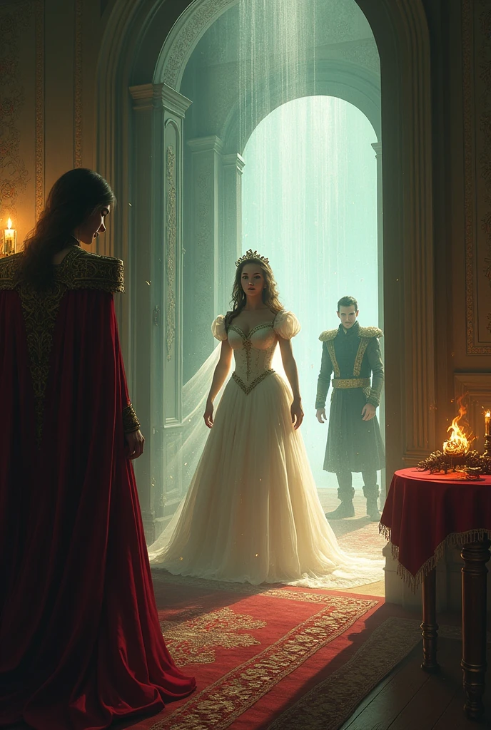 Show the interior of a palace setting or a private room, with luxurious furnishings and decorations to reflect royal status. Place the burned frog skin in a corner or on a table, visibly destroyed. The skin should be charred and still smoking to highlight that it was recently burned. In the center of the scene, show a visual effect of teleportation. This could be a column of light or a magical whirlwind that surrounds the princess, highlighting the moment she is being removed from the room. The princess should be partially visible in the process of being teleported. Place the prince in the background, with an expression of despair and horror as he watches the princess being taken away. He should be facing the burned frog skin, with a look of regret or anguish. Add details around the scene that emphasize the chaos and impact of the kidnapping, such as objects falling or a sense of disarray. The environment should reflect the shock and drama of the situation. Use dramatic, contrasting lighting, with bright lights in the teleportation areas and deep shadows around them. Special effects like sparks or a magical aura around the princess will help highlight the transformation and abduction.