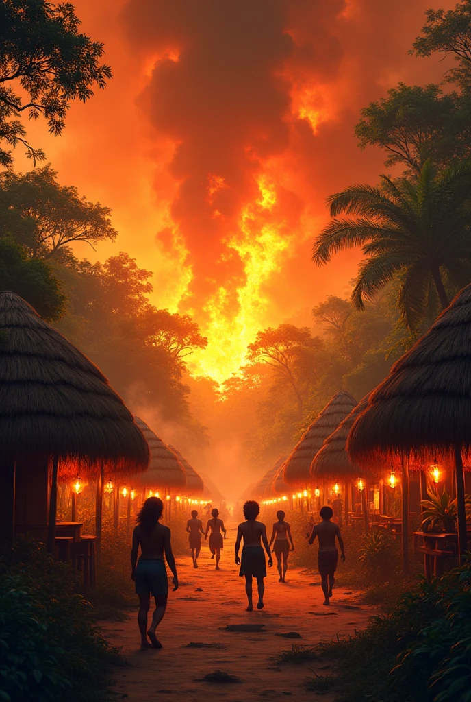 Beautiful Amazonian village in blazing flames surrounded by virgin jungle, drawing in Pixar style