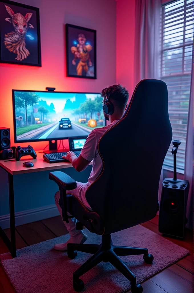 detailed gamer room, with a gaming chair, Video game, joystick, cellular, arcade.