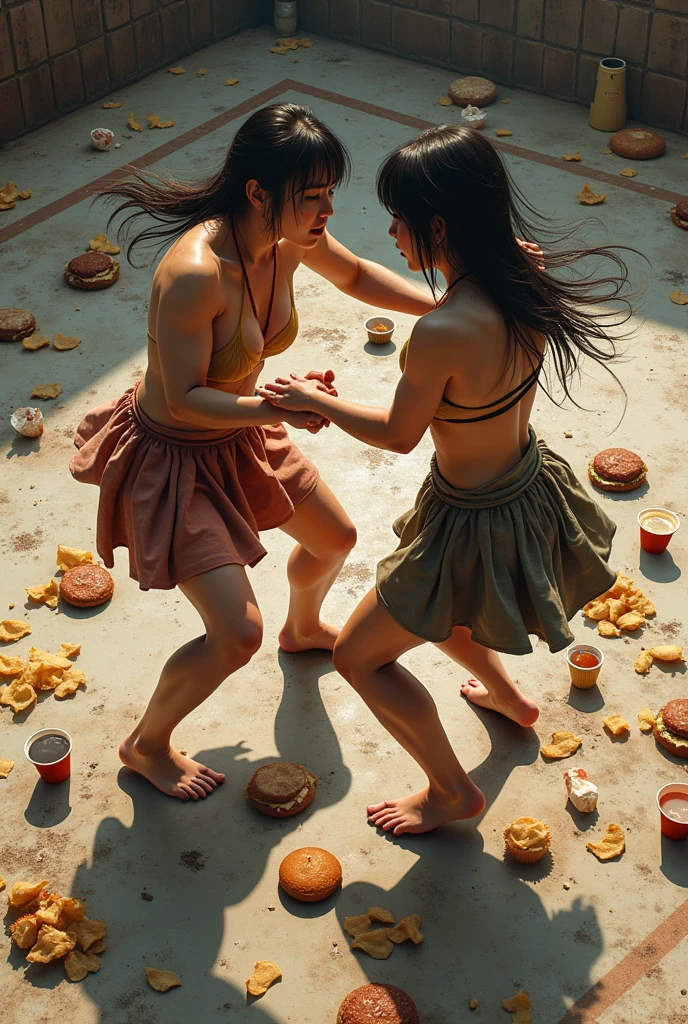 Two beautiful barefoot Japanese women fighting in the middle of a ring with leftover potato chips, Hamburgers, plastic cups and cupcakes scattered everywhere, their bodies are also dirty.
The view must be from above.

