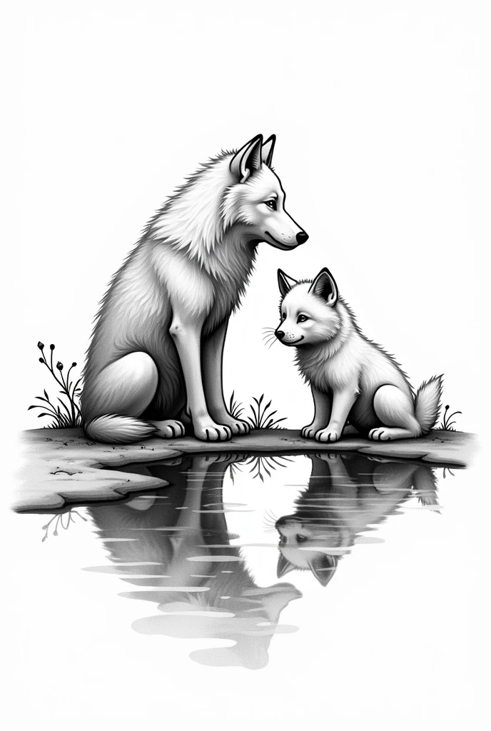Generate a black and white tattoo illustration of a wolf cub, sitting in front of a puddle of water and in that puddle an adult wolf is reflected